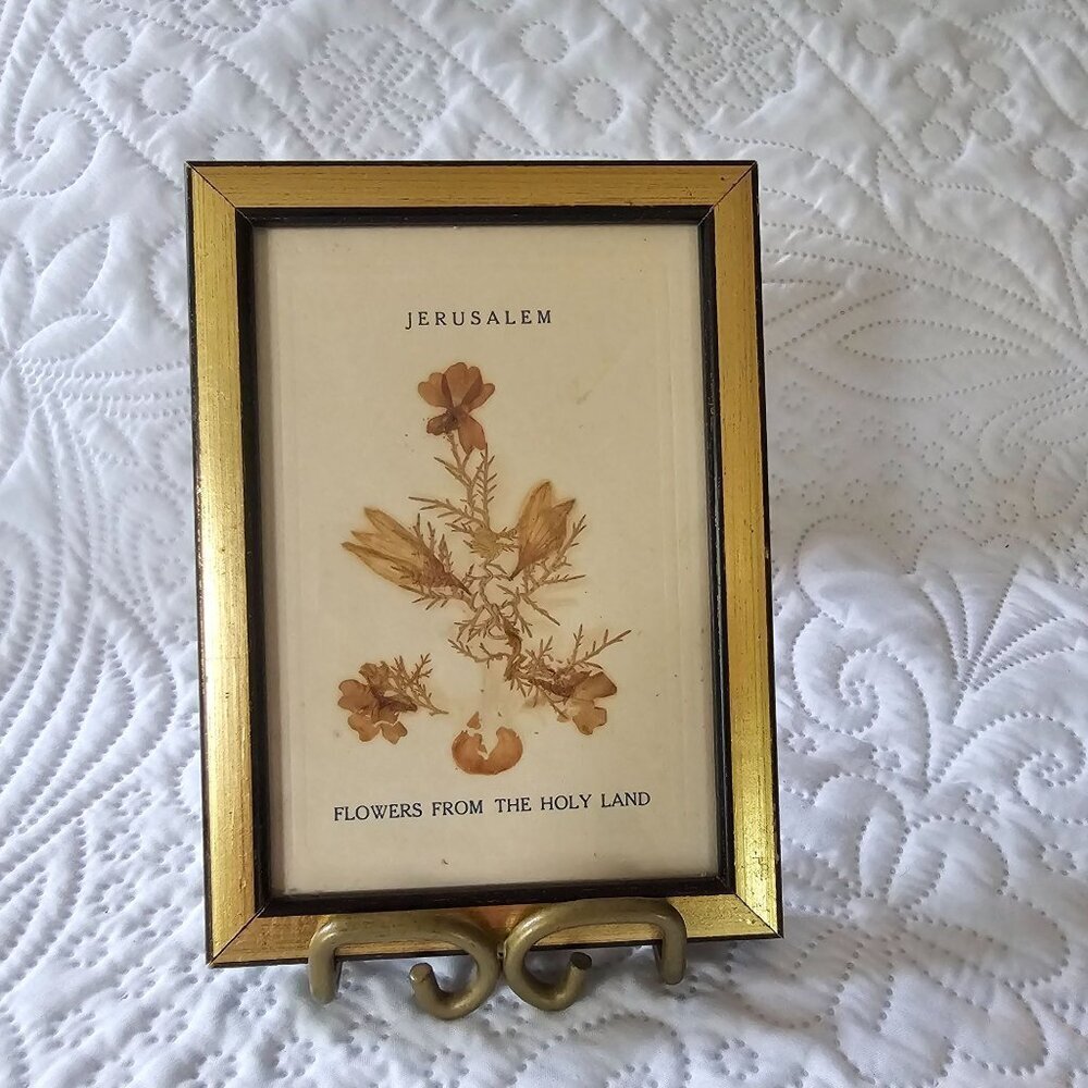 Vintage Pressed Flower Art Jerusalem Gold Frame Holy Land Souvenir, Small